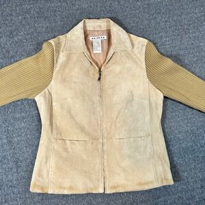 A.M.I. Suede Leather Jacket Knit Sleeve Zip Front Tan Beige‎ Womens Size Medium